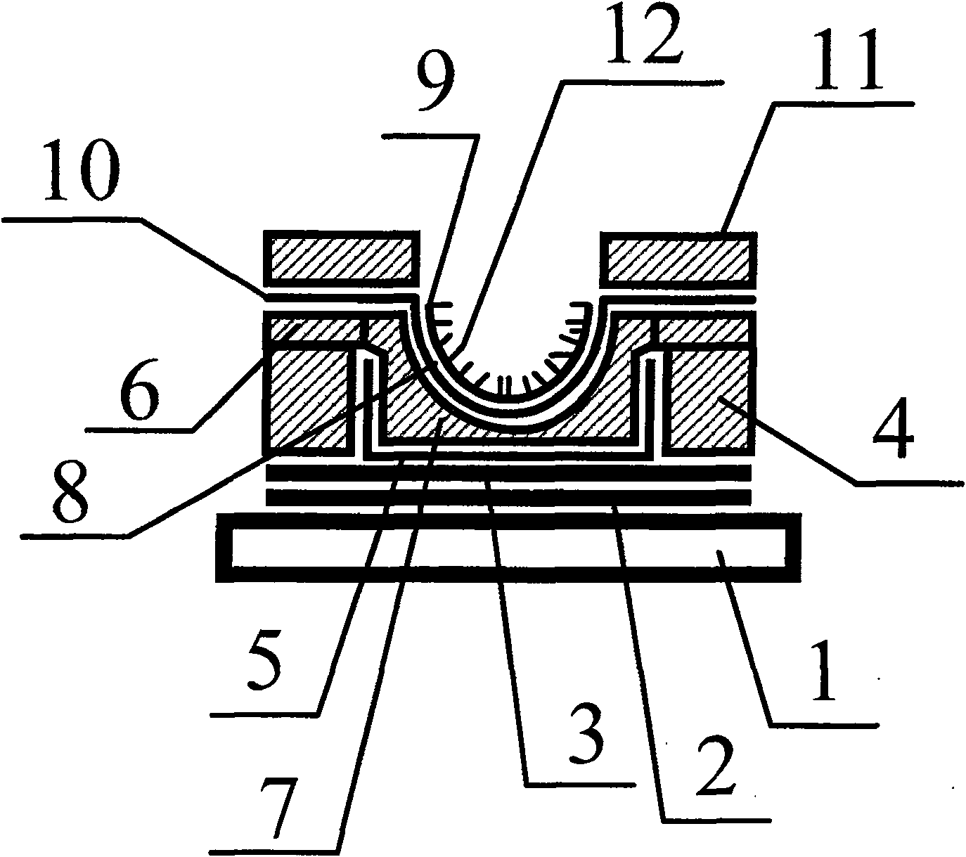 Planar display device with square opening bottom-grid controlled structure and its production