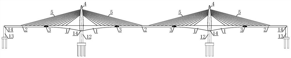 Wide-width large-span hybrid beam extradosed cable-stayed bridge system and construction method thereof