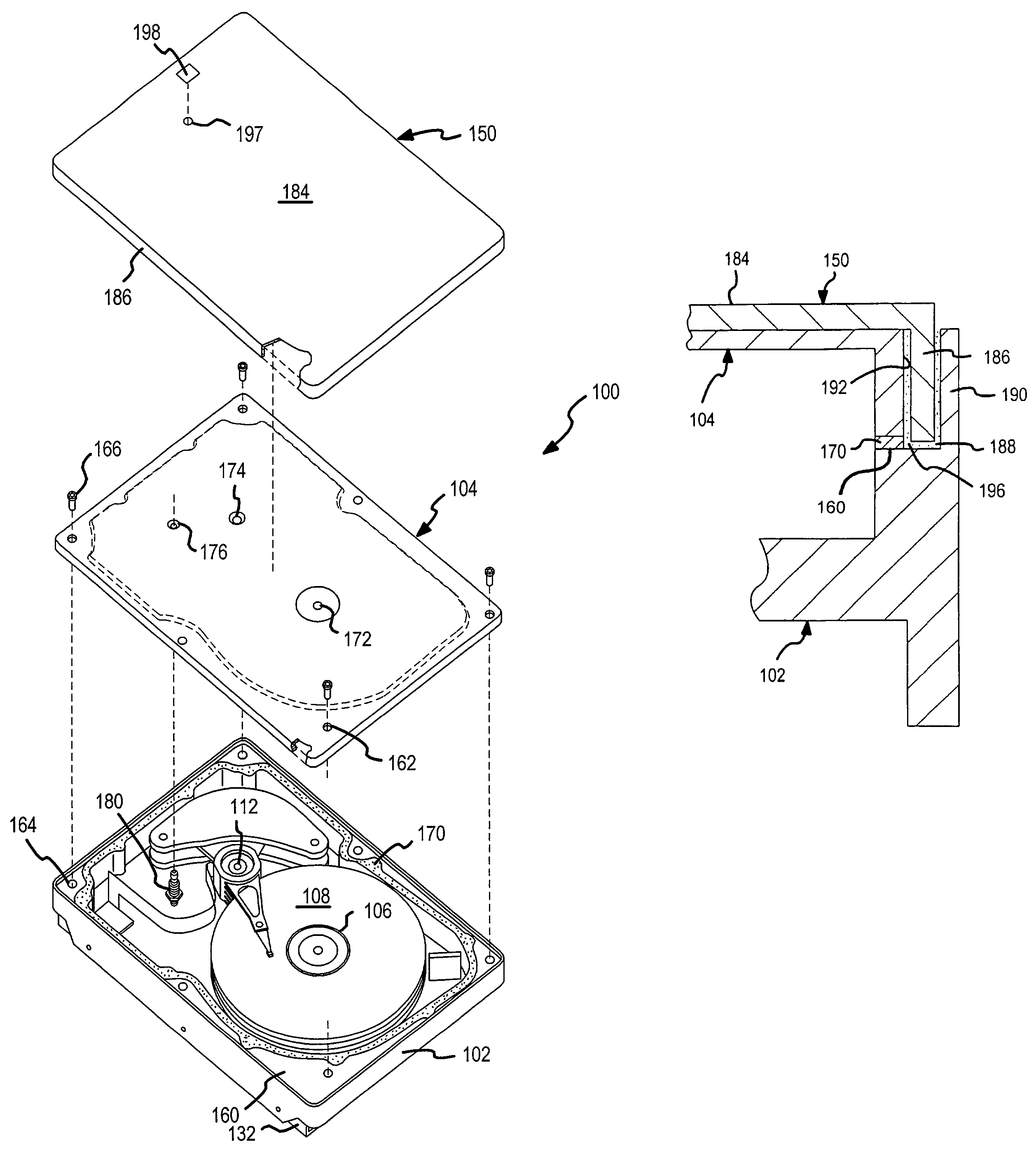 Two-stage sealing of a data storage assembly housing to retain a low density atmosphere