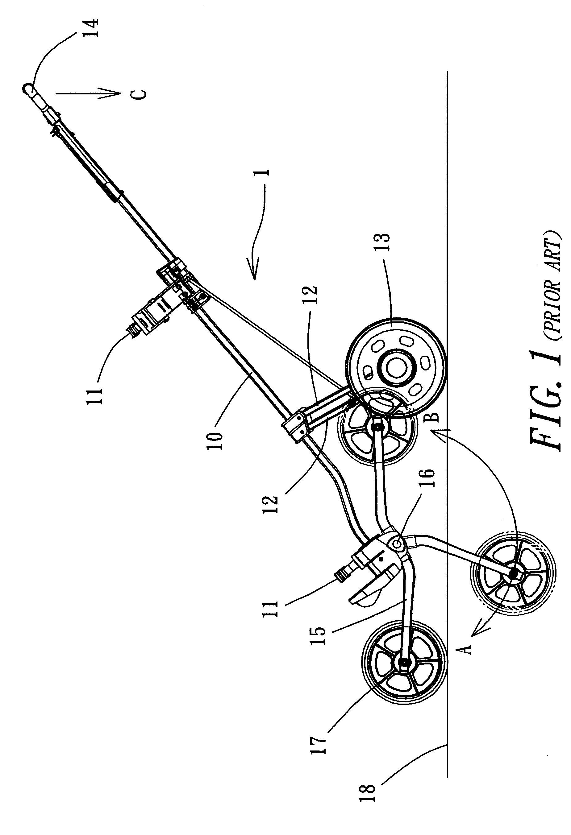 Third wheel collapsing device for a golf club cart