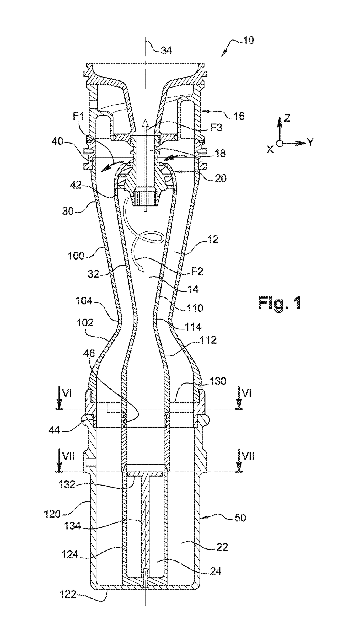 Cyclonic separation device comprising two cyclones linked by an optimised pipe unit