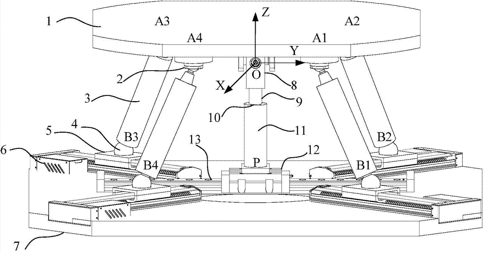 Two-rotation two-motion four-freedom-degree parallel excitation platform