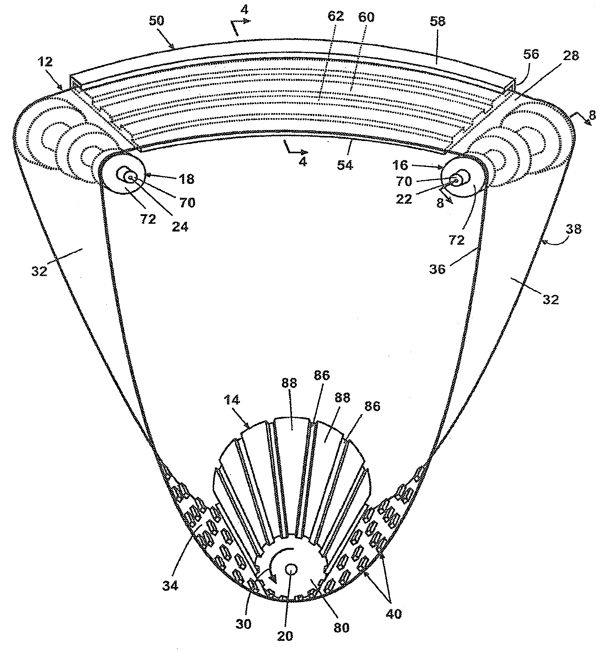 Curved Conveyor with Guide for Preventing Radial Belt Migration