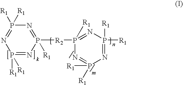 Thermoplastic resin compositions containing mixtures of cyclic phosphazenes and phosphate ester morpholides