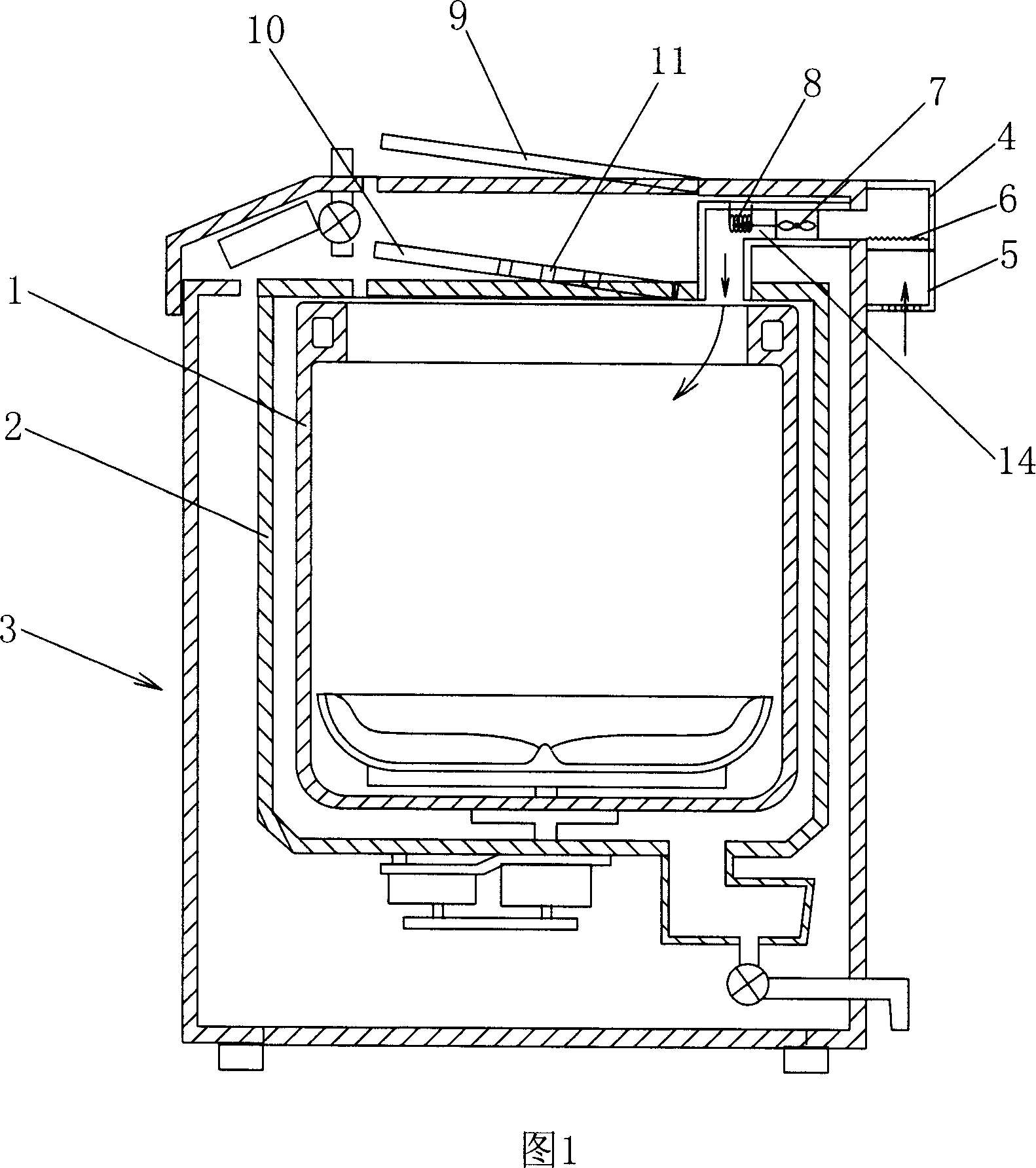 Rotary drum washing machine with transverse warm air fan and detachable filter