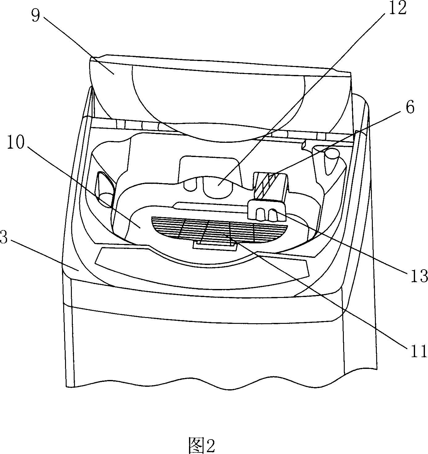 Rotary drum washing machine with transverse warm air fan and detachable filter