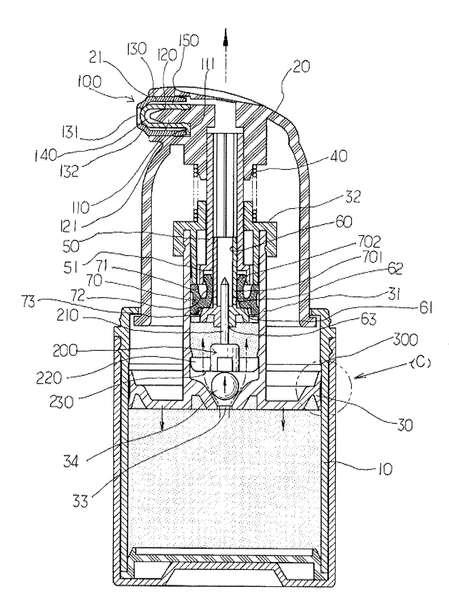 Airless dispensing pump container with an airtight push down type nozzle head