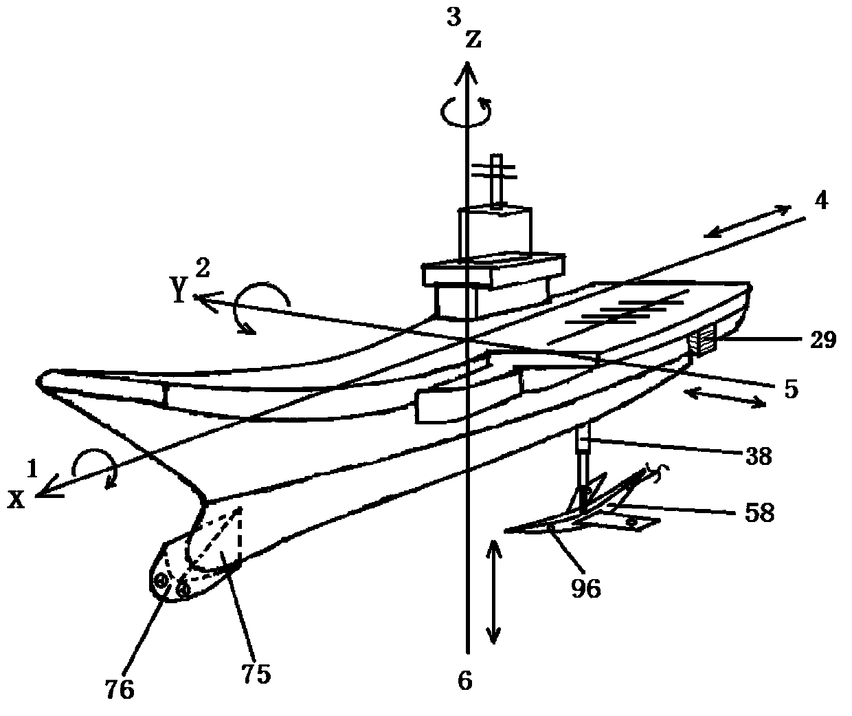 Device used for aircraft carriers, ships, warships, submarines, offshore platforms and provided with efficient load eliminating, shaking stopping, overturning preventing and correcting device