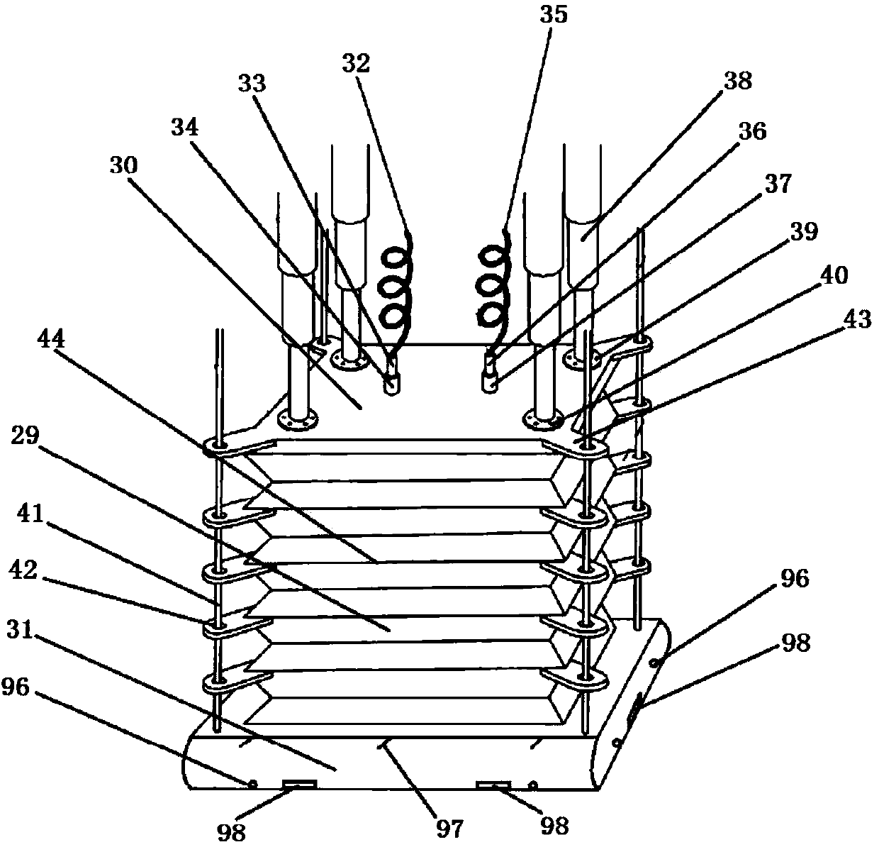 Device used for aircraft carriers, ships, warships, submarines, offshore platforms and provided with efficient load eliminating, shaking stopping, overturning preventing and correcting device