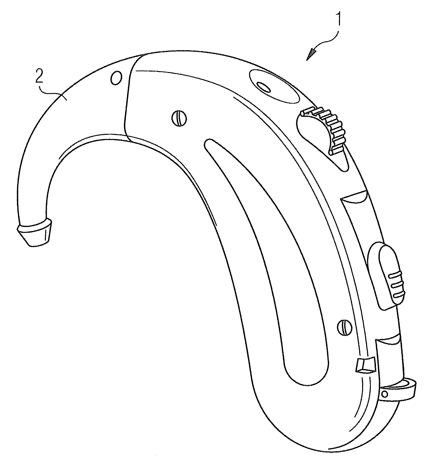 Configuration with a Wearing Hook for Hearing Devices and Associated Method