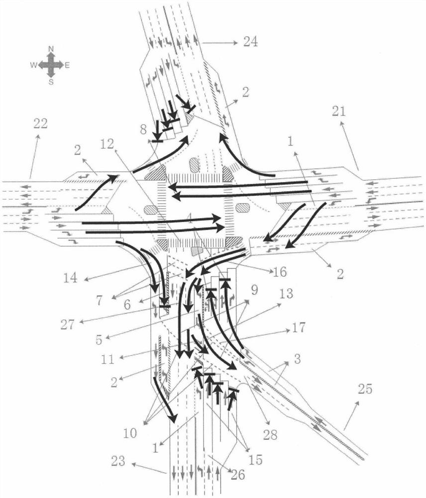 Structure of Multi-fork Intersection and Signal Control Method for Merging and Onward Roads