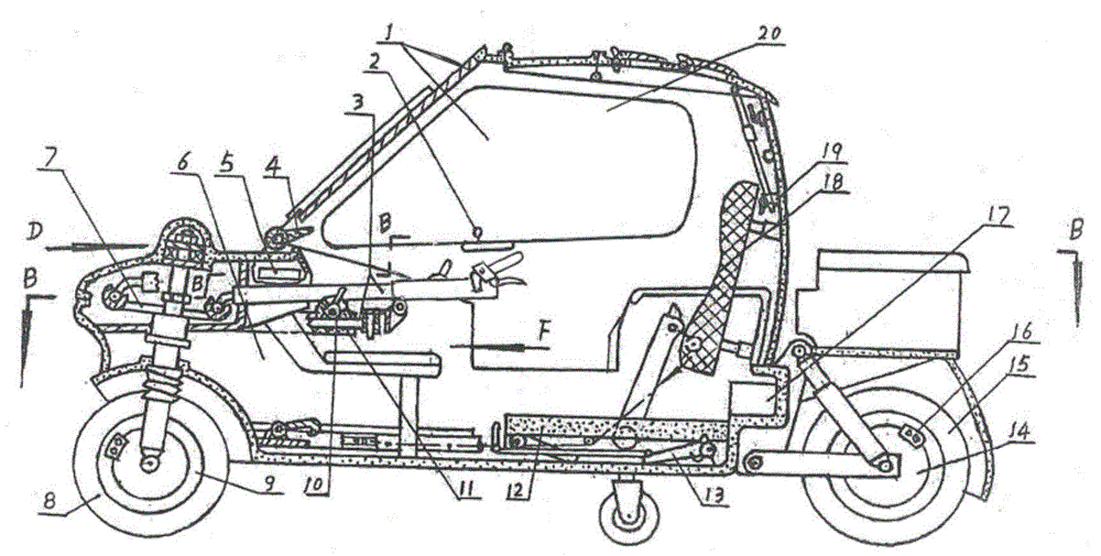 Dual-purpose openable-closeable-topped two-wheeled saloon car steered through push-pull rod