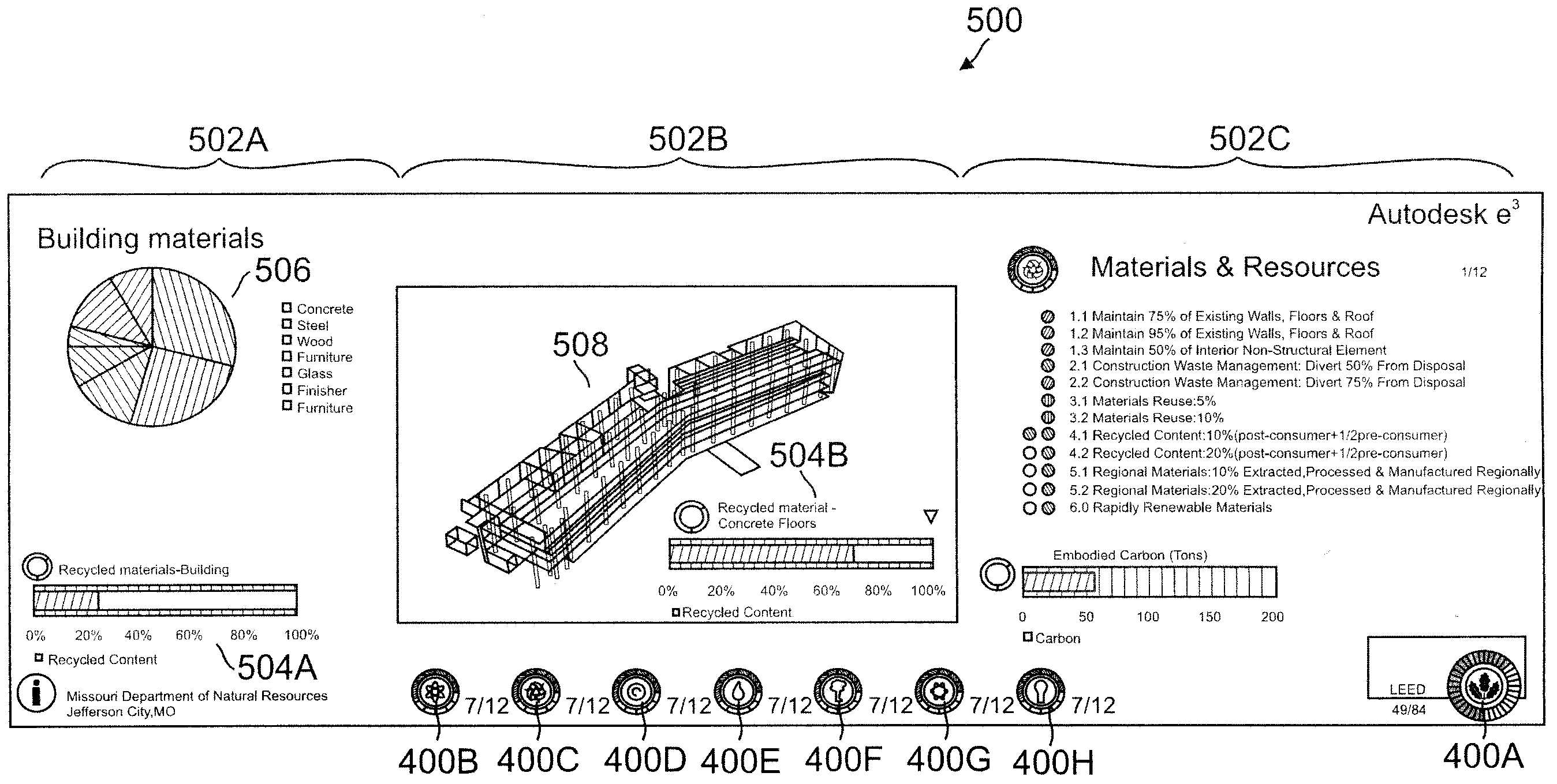 Method and apparatus for visualizing a quantity of a material used in a physical object having a plurality of physical elements