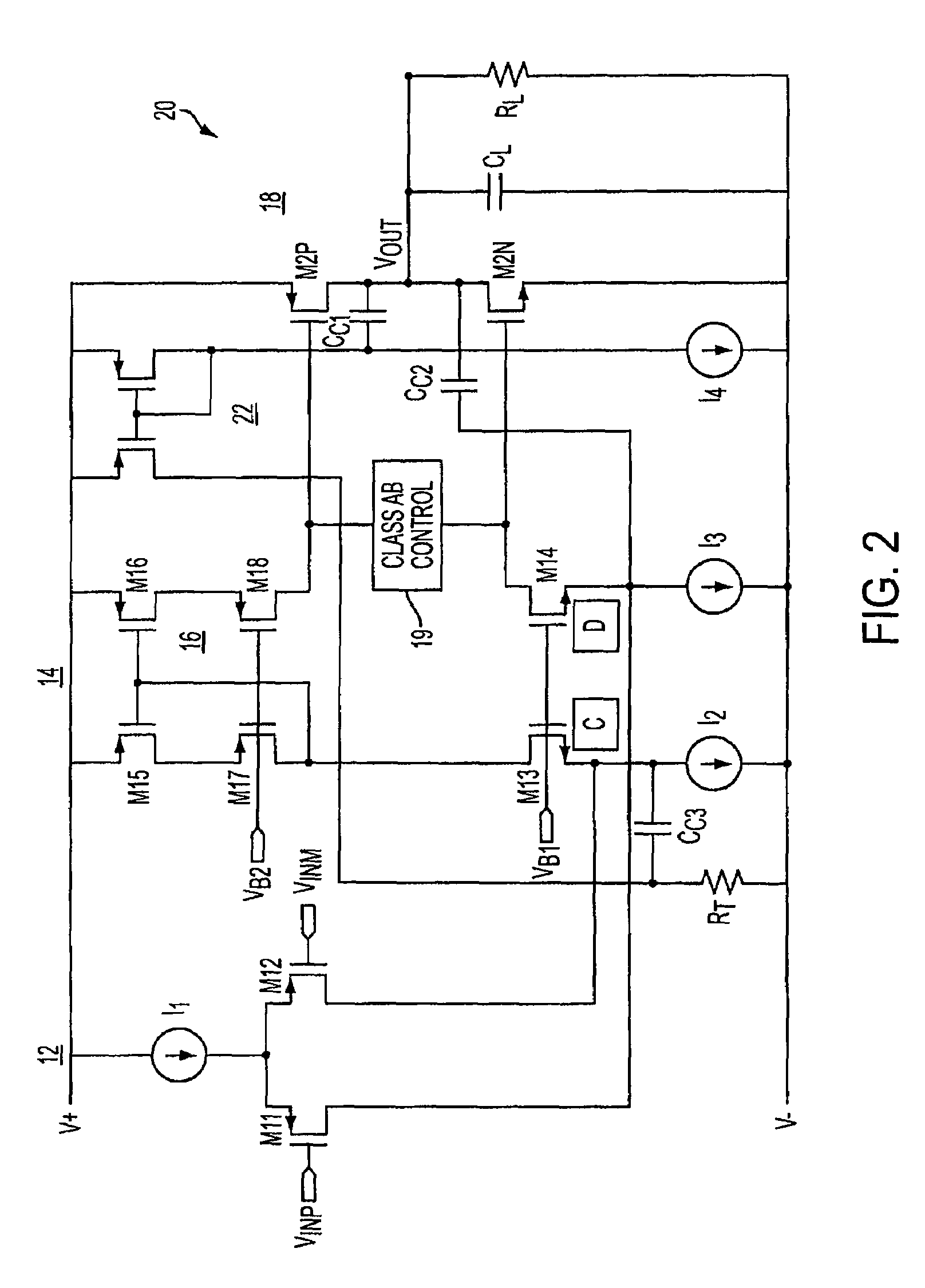 Class AB folded-cascode amplifier having cascode compensation