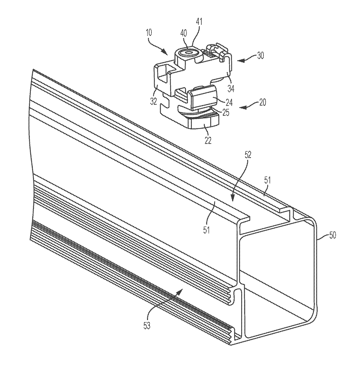 Photovoltaic mounting rail connector with drop-down connection to first photovoltaic module and slide-in connection to second photovoltaic module