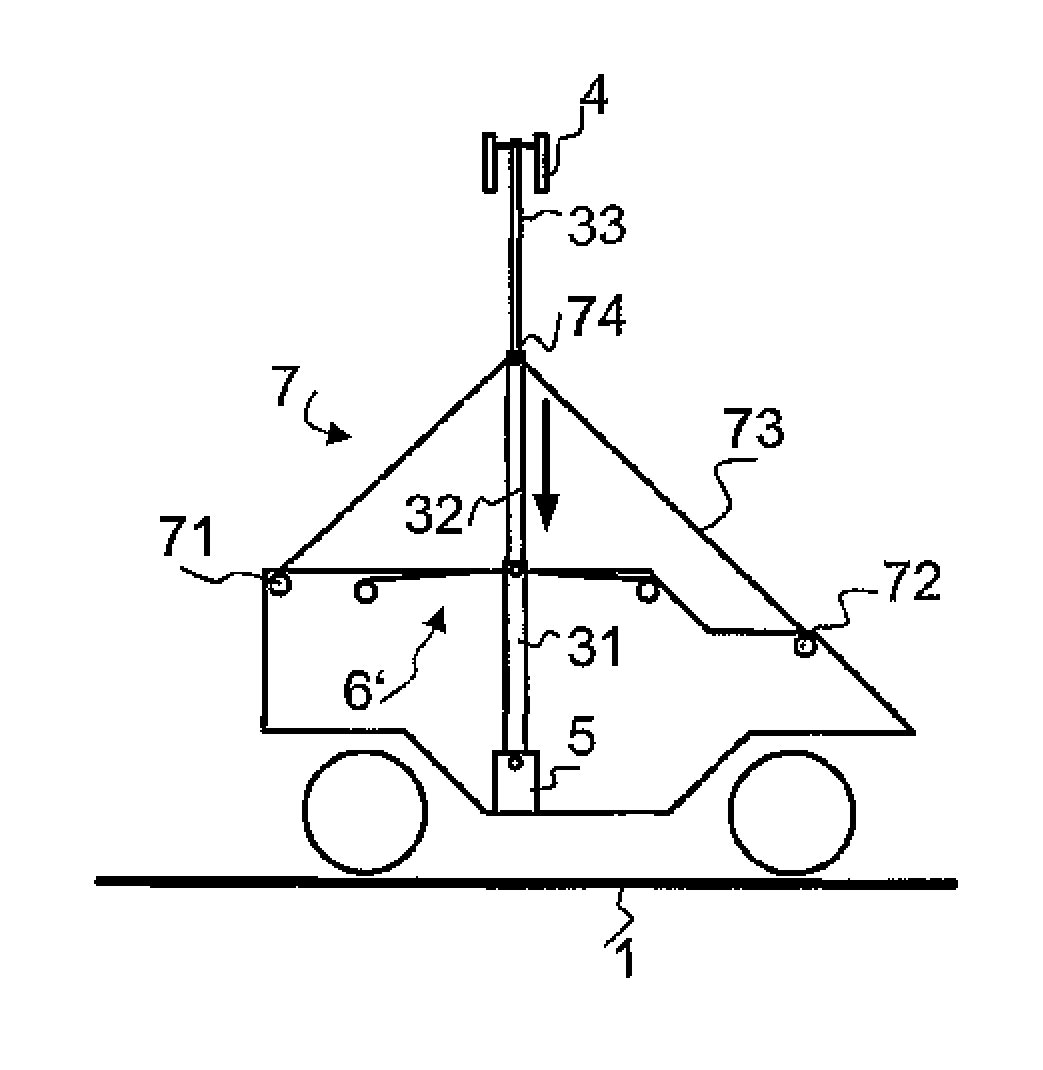 Stabilization of a mast for vehicles and ships