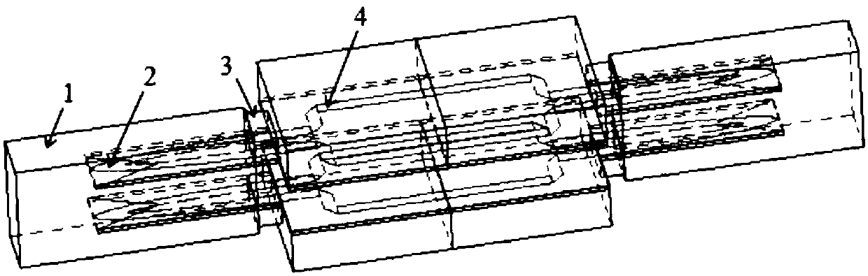 Four-way power combiner for pair-pole fin line millimeter wave waveguide