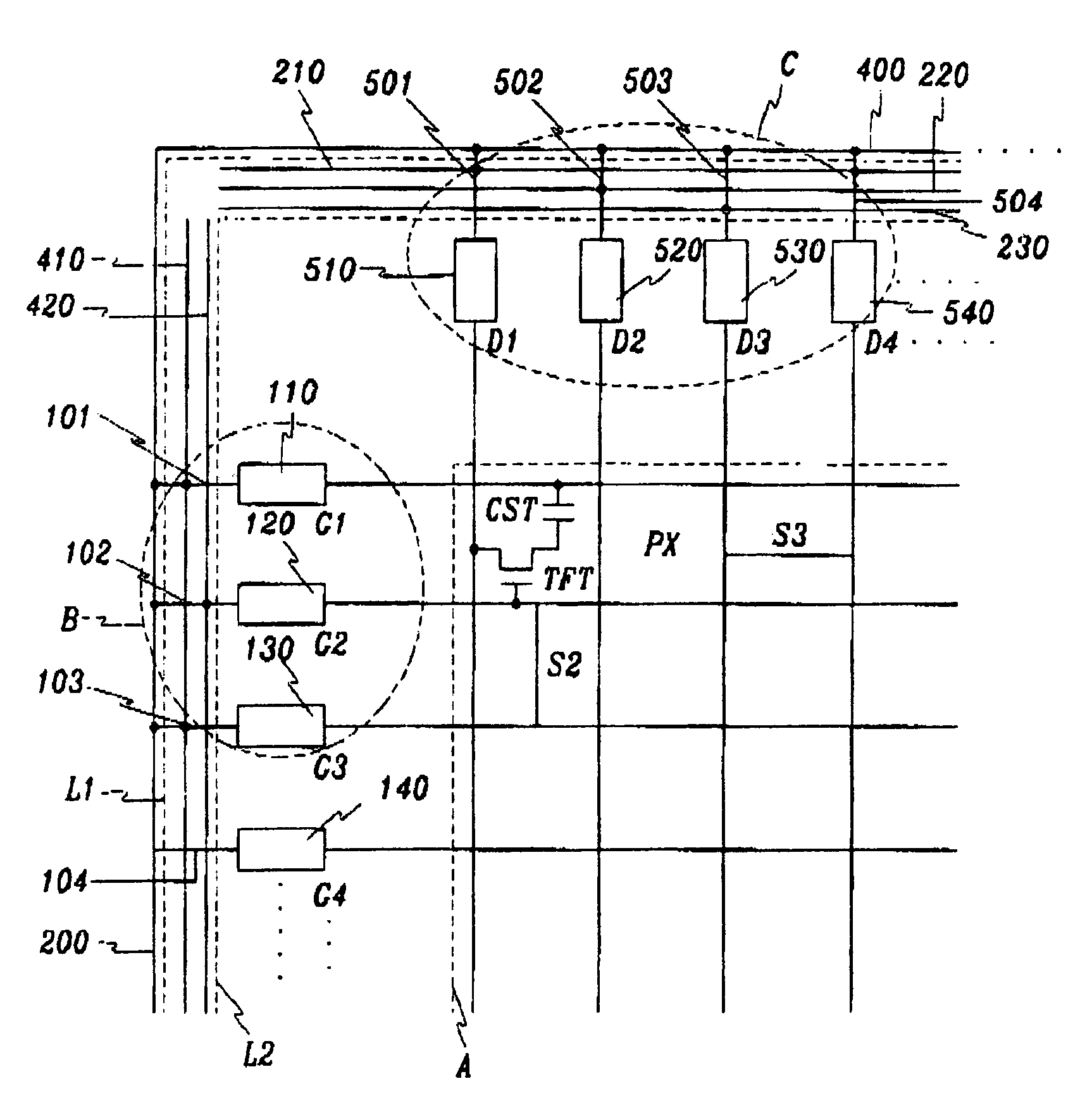 Multiple testing bars for testing liquid crystal display and method thereof