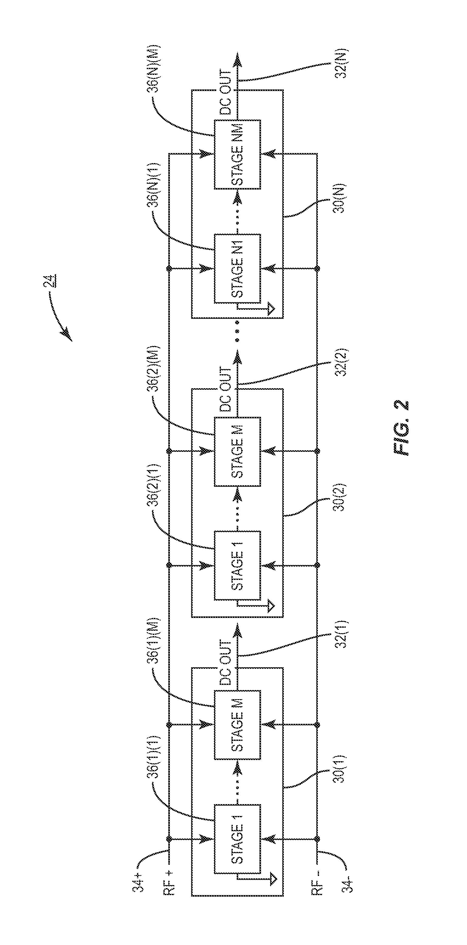 Parallel stage power output rectifier for radio-frequency identification (RFID) devices, and related components and methods