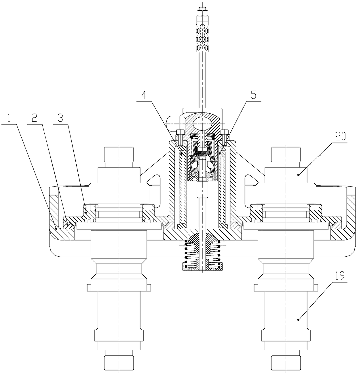 A dual-group synchronous separation device for a spacecraft hydraulic circuit breaker