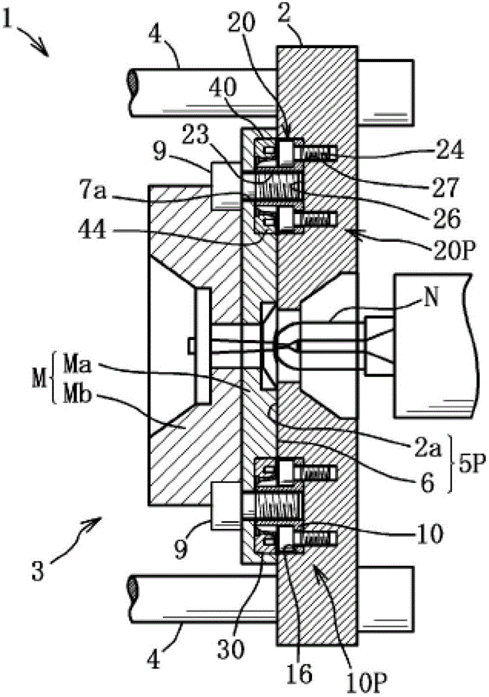 Metal mold positioning and fixing device