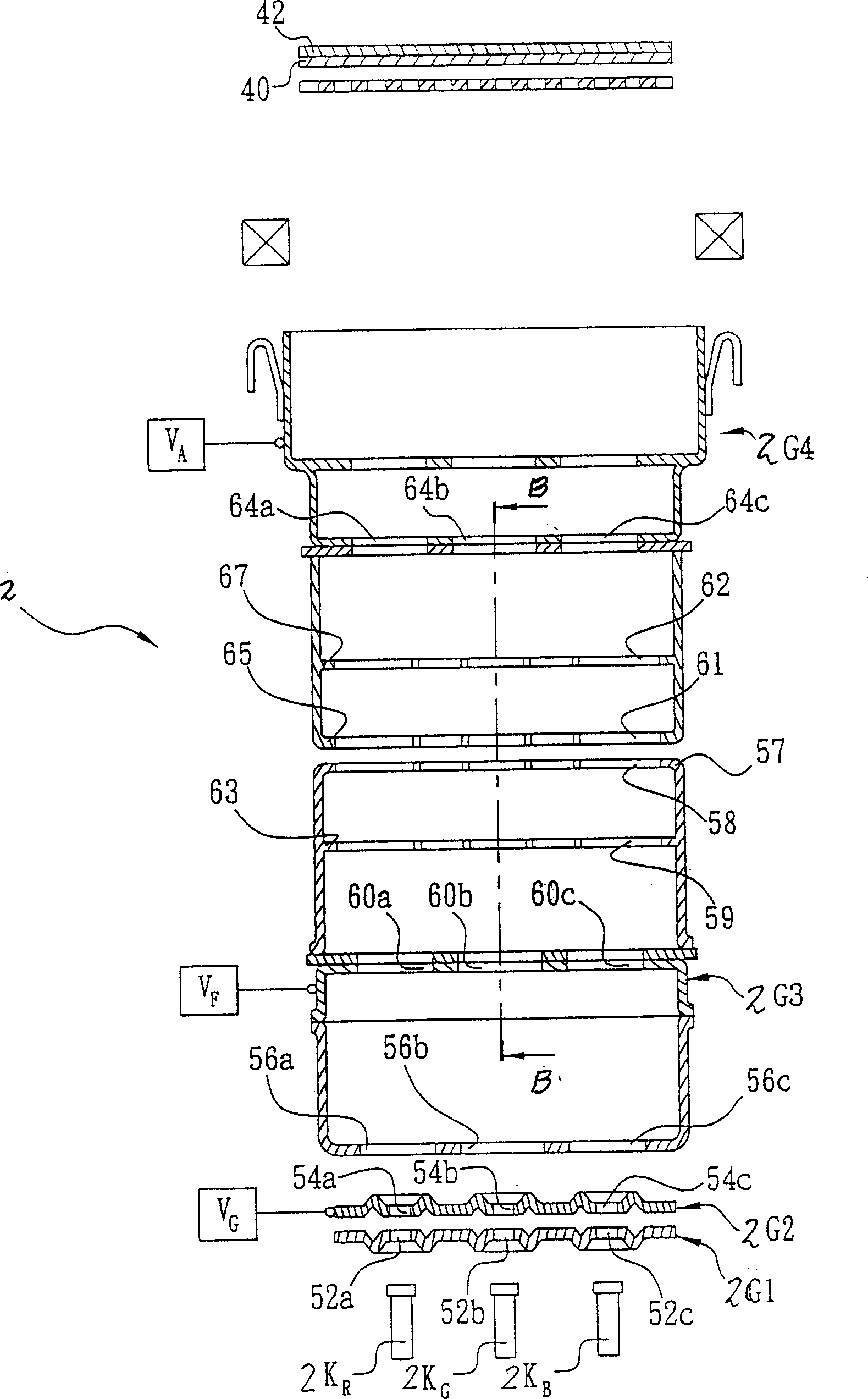 Electron gun possessing multilayer common lenses