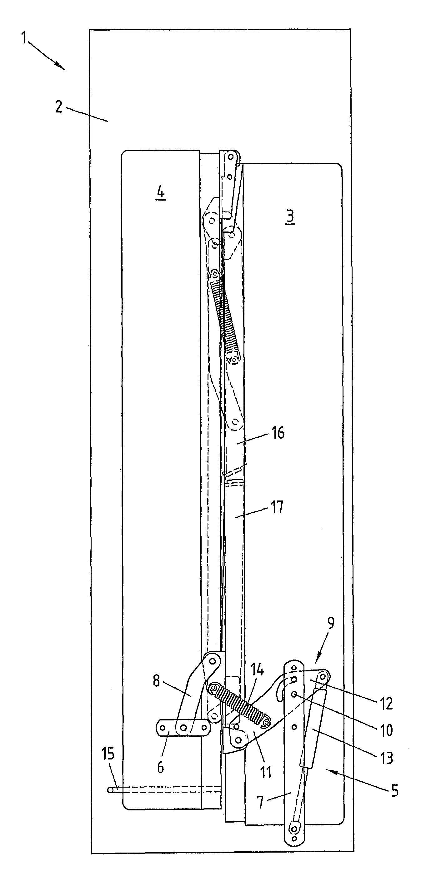 Folding bed with a control lever arranged between a cabinet unit and a head part