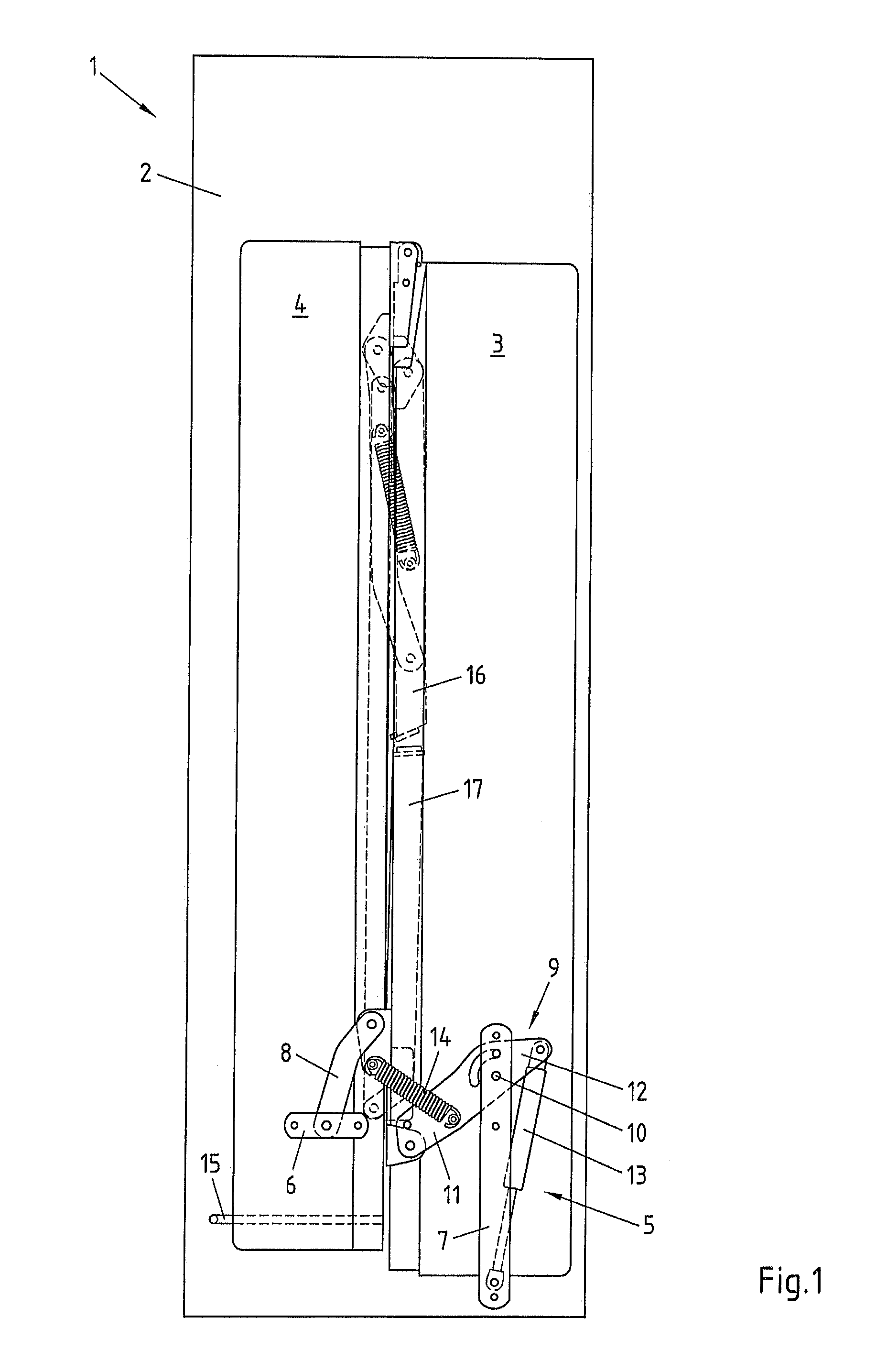 Folding bed with a control lever arranged between a cabinet unit and a head part