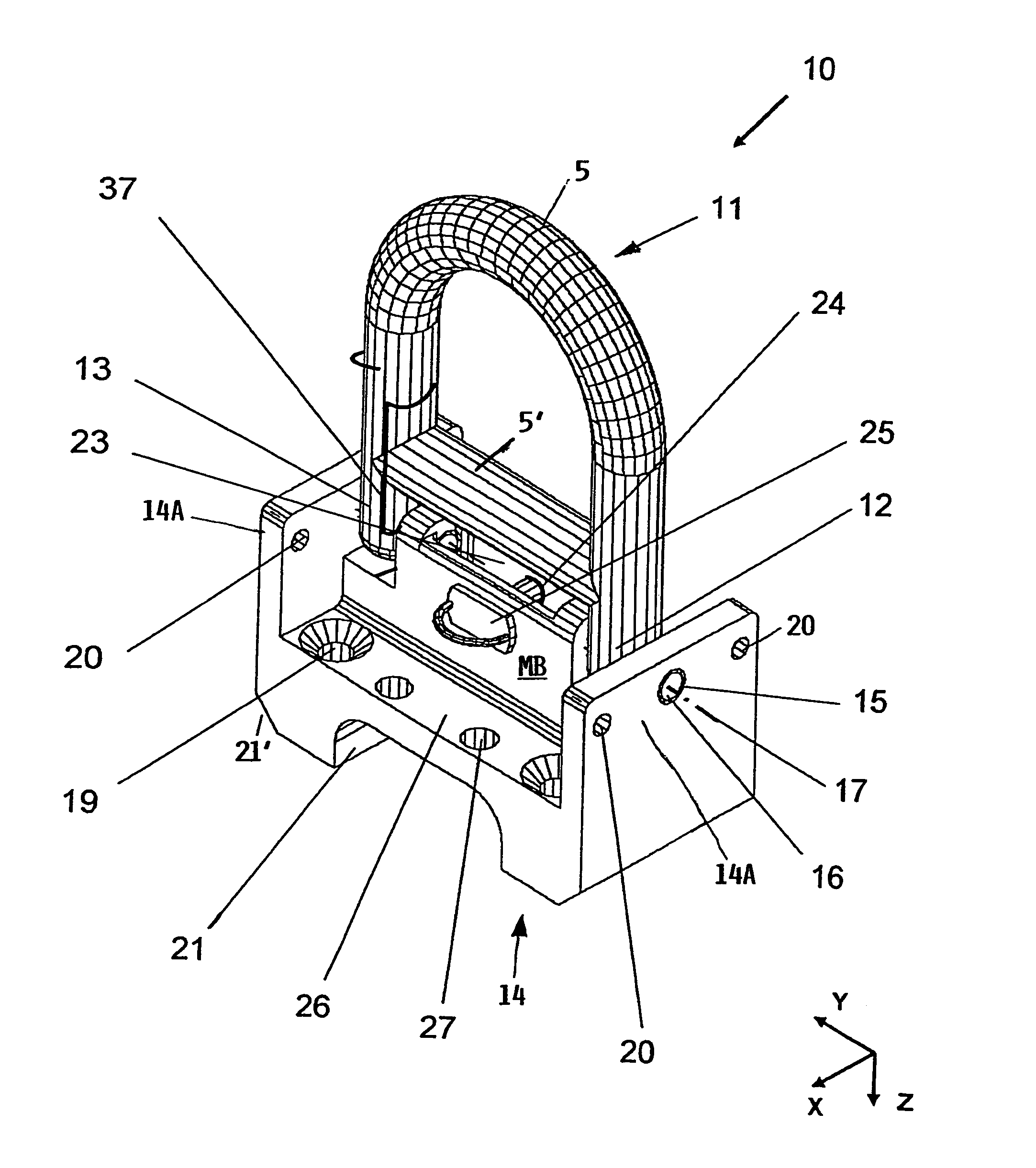 Lashing device for tying a load in a transport conveyance