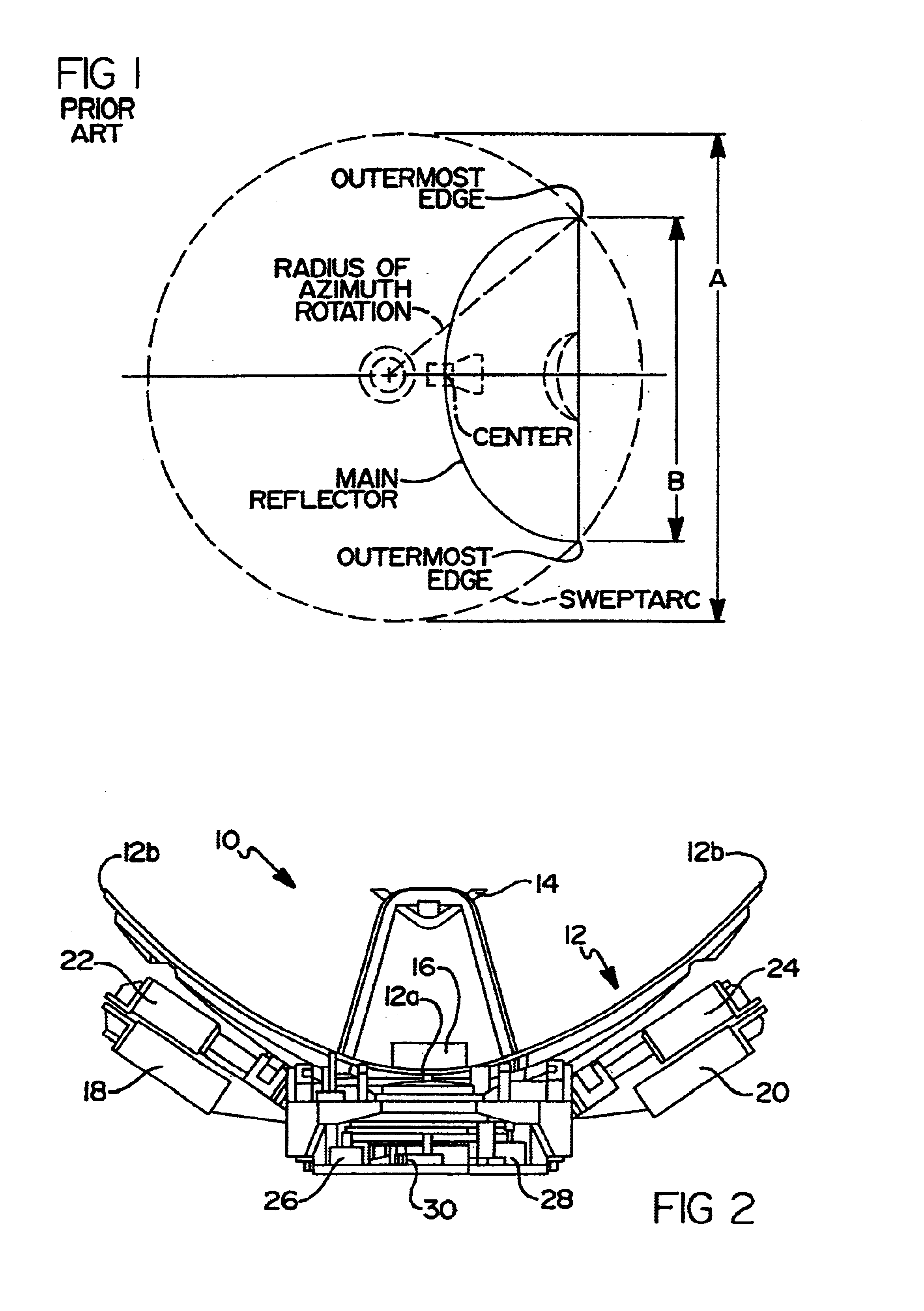 Method and apparatus for mounting a rotating reflector antenna to minimize swept arc