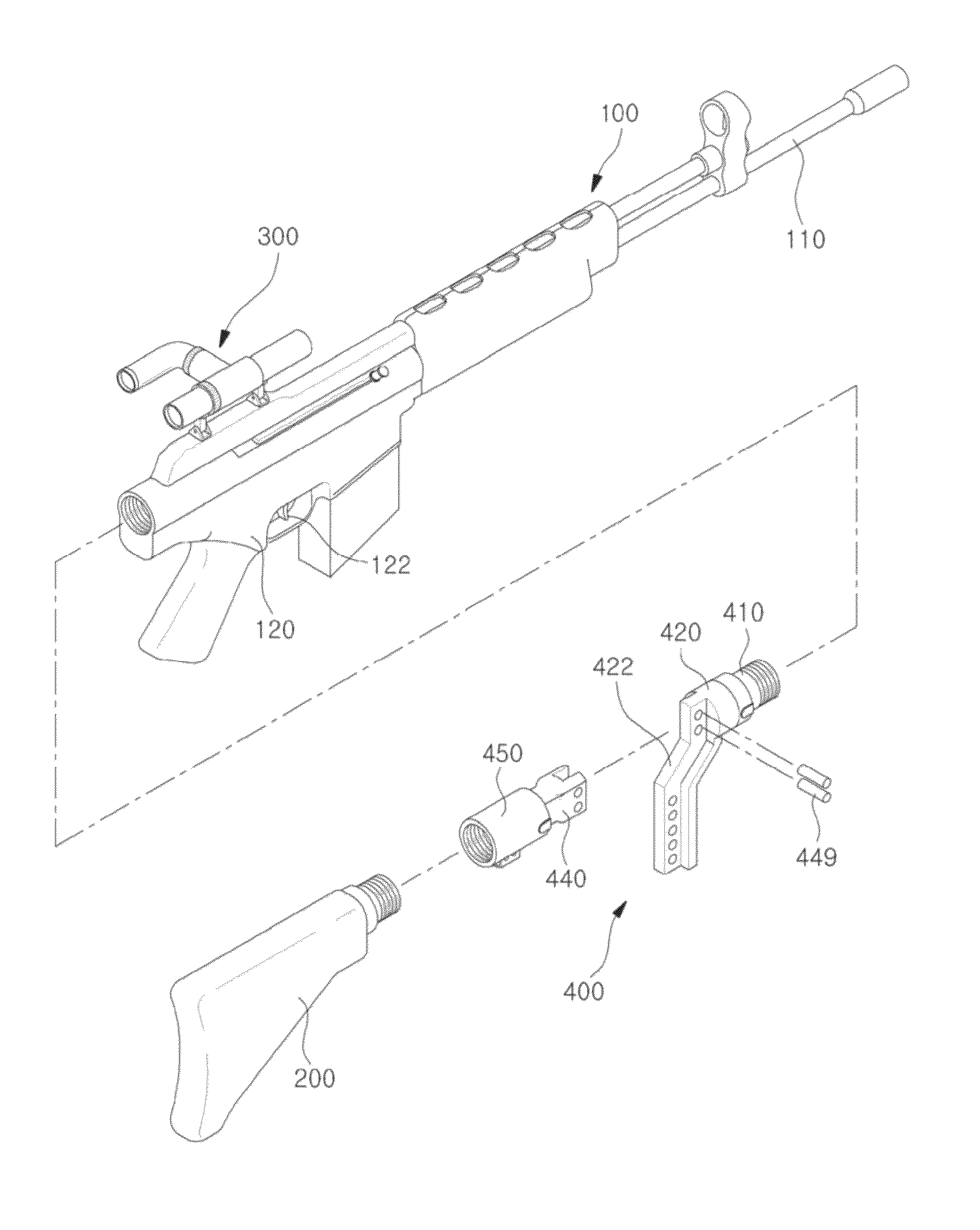 Bendable firearm having off-axis shoulder rest and sight