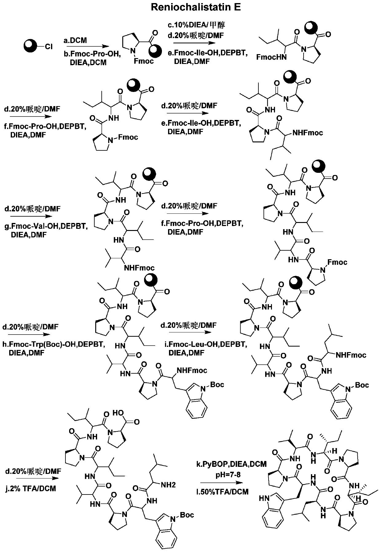 A kind of synthetic method of active cyclic octapeptide reniochalistatin E and its analogs