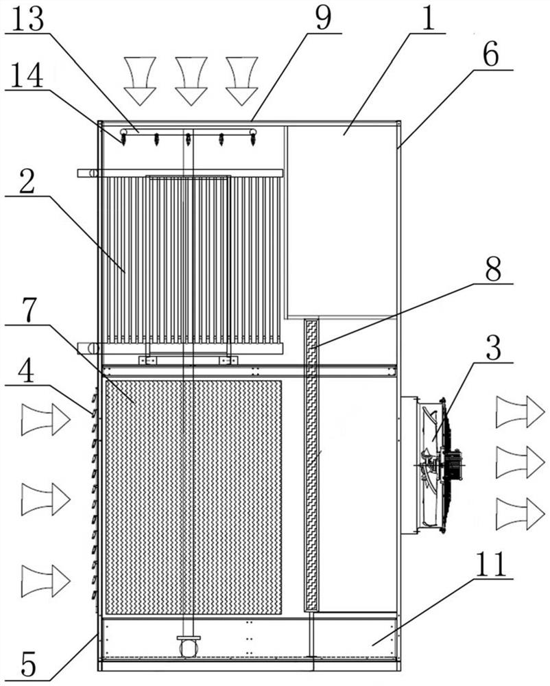 Side-air-outlet vertical falling film type closed cooling tower