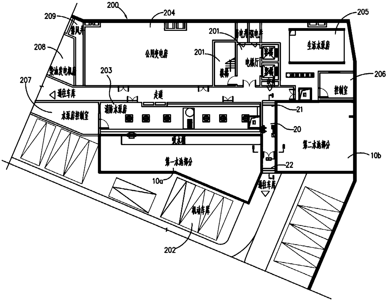 Basement fire-fighting pool structure and building