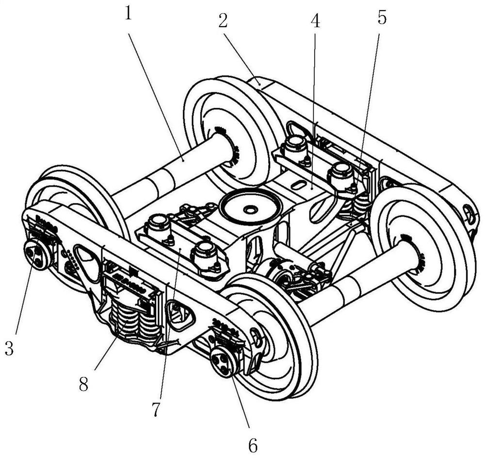 Articulated bogie with embedded vibration and noise reduction device