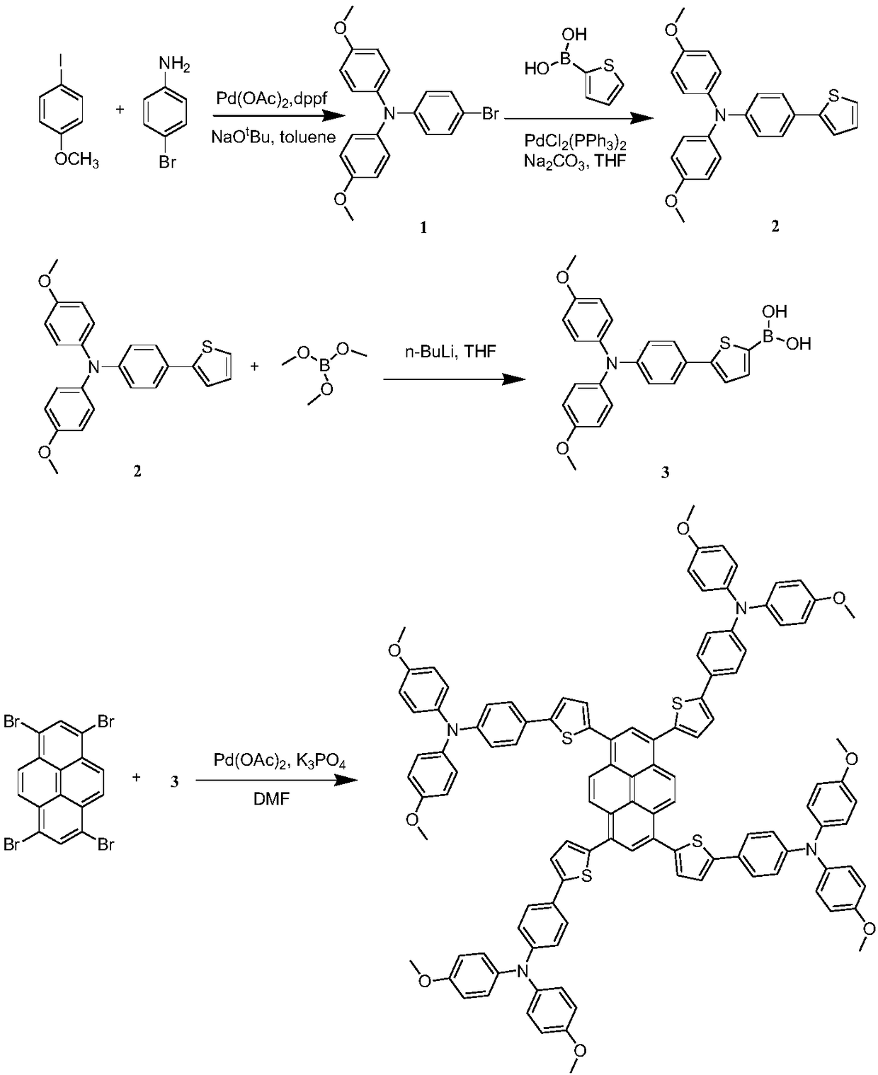 Thiophene-bridged pyrenetetramine hole-transport material and application of same to perovskite solar cell