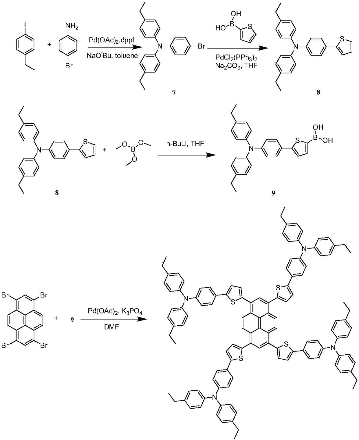 Thiophene-bridged pyrenetetramine hole-transport material and application of same to perovskite solar cell