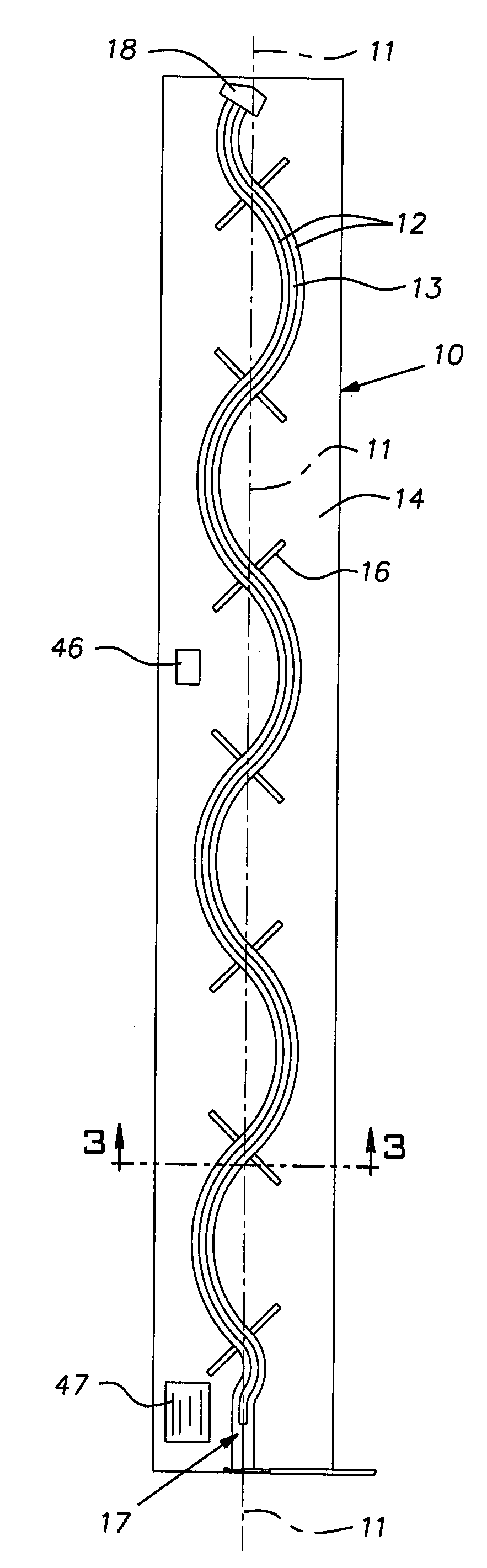 Elongated twin feed line RFID antenna with distributed radiation perturbations