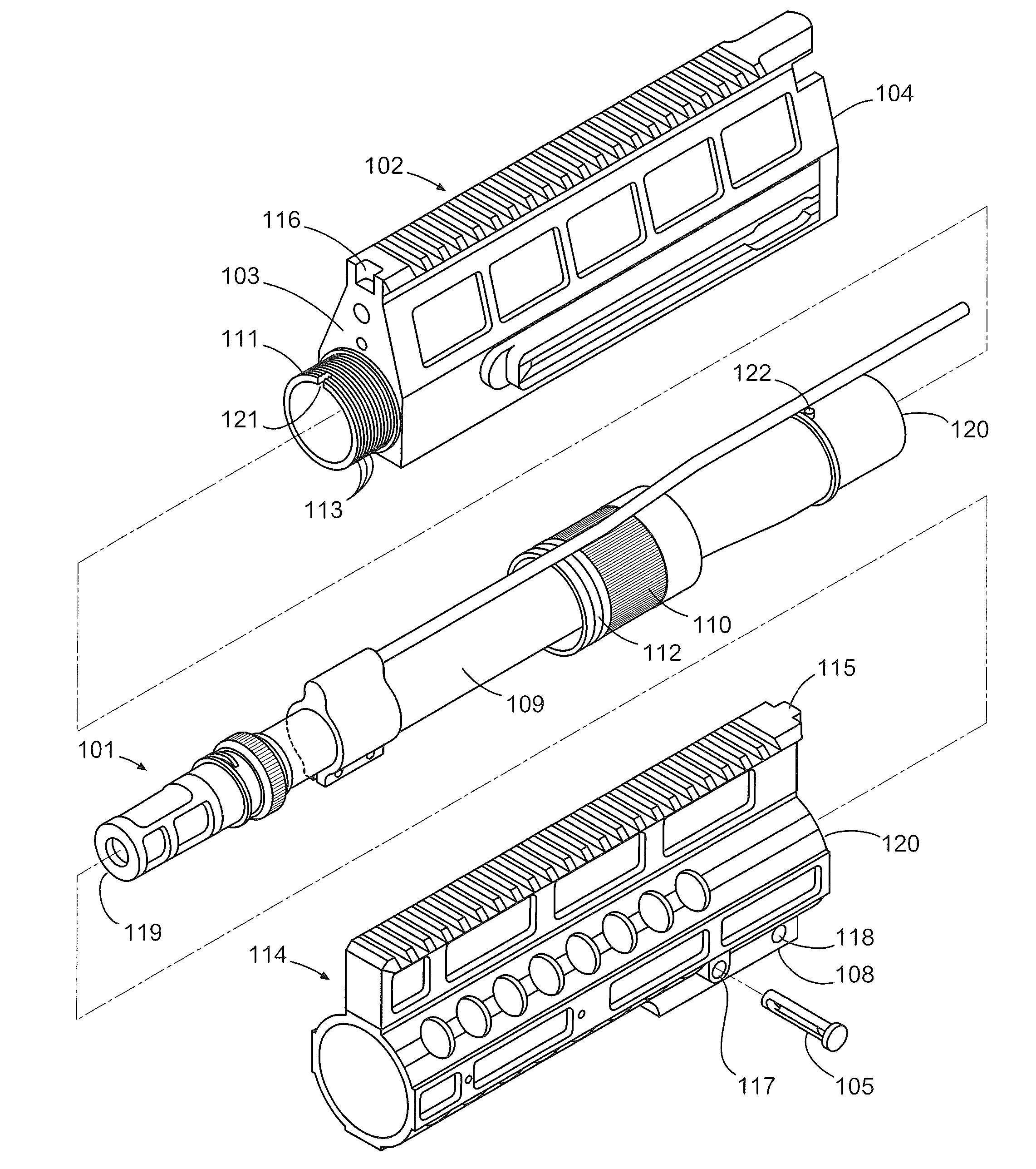 Quick take-down barrel system and method for modular rifle