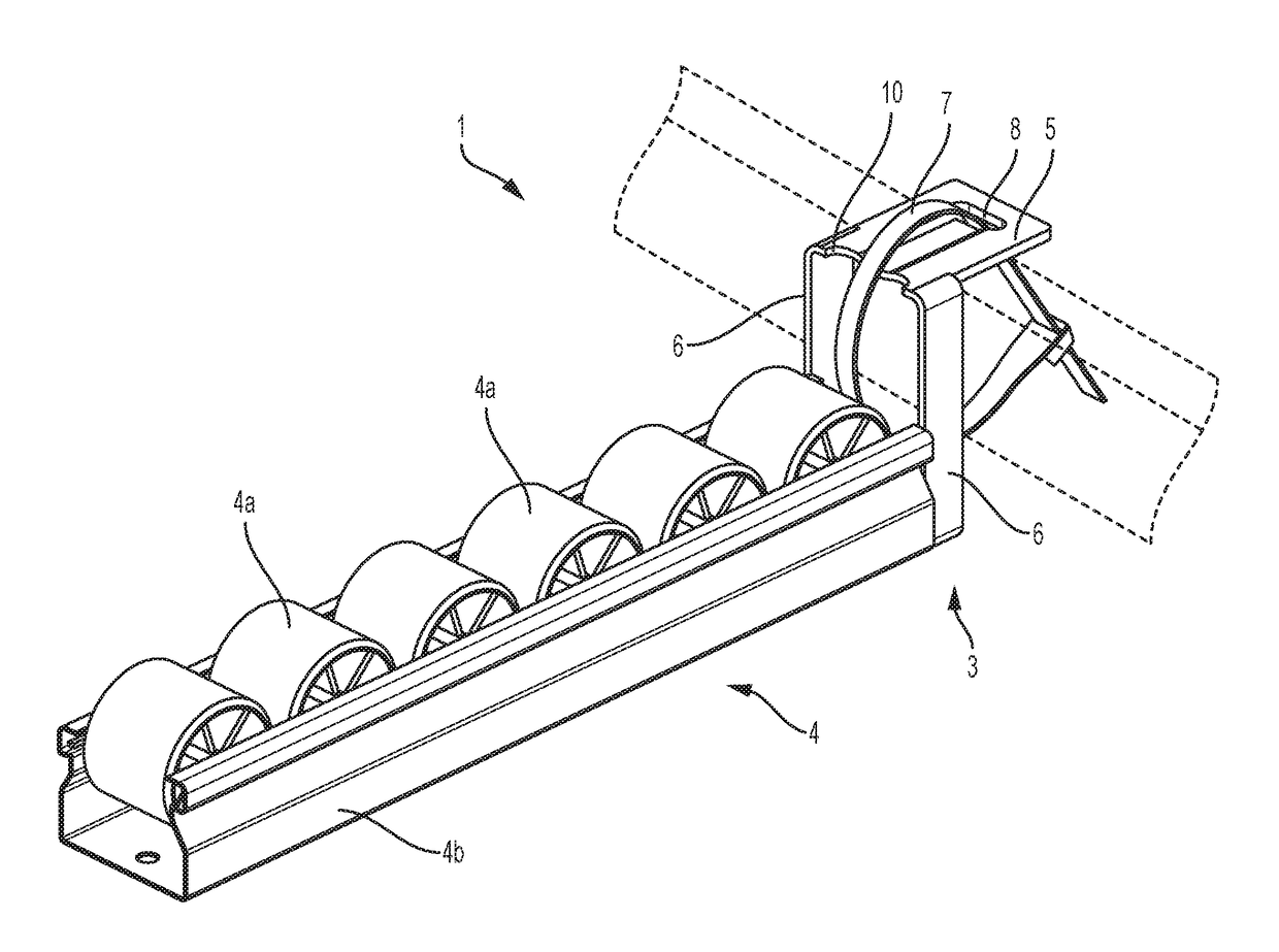 Tool for fastening a roller-way to a frame of a merchandise conveyance facility, and conveyor system including a plurality of said tools