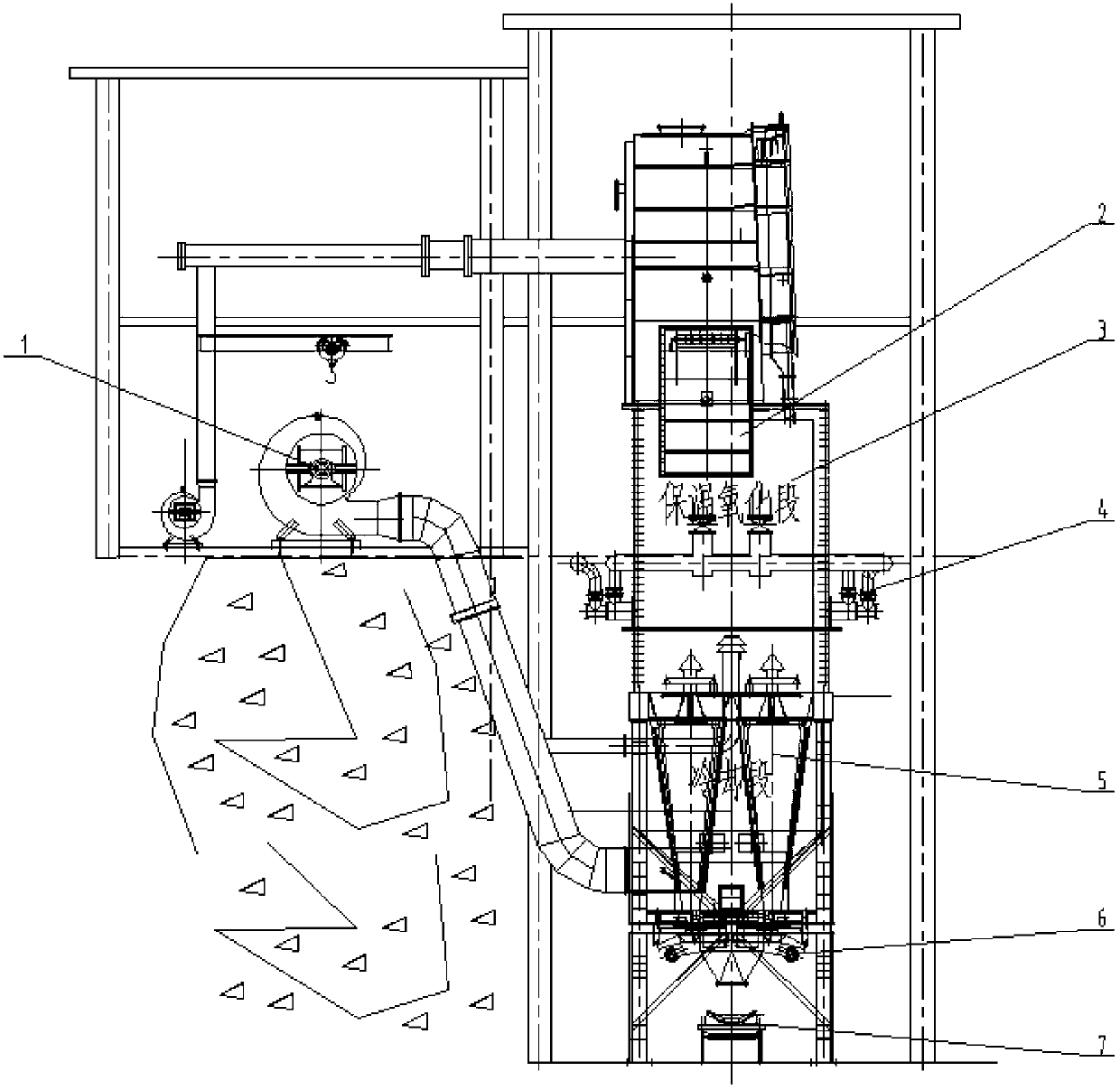 Thermal-insulating, oxidizing and cooling device used in vanadium extraction from stone coal and using method of device