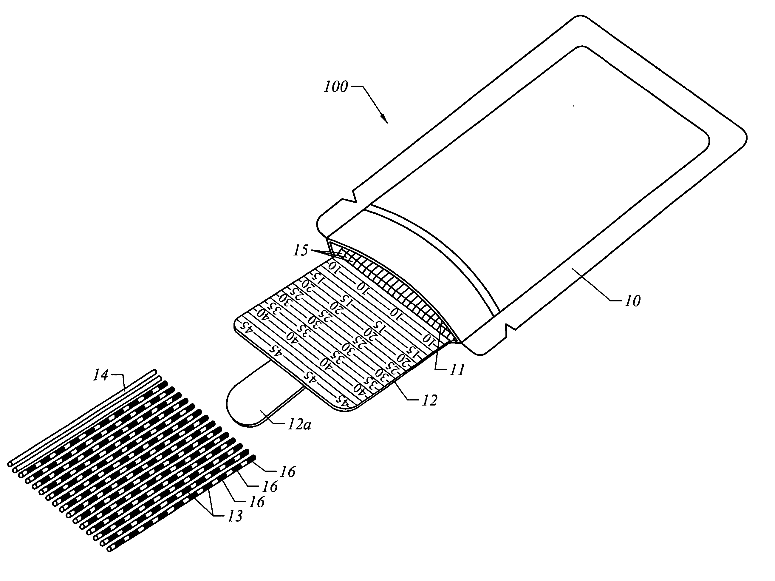 Shielded transport for multiple brachytheapy implants with integrated measuring and cutting board