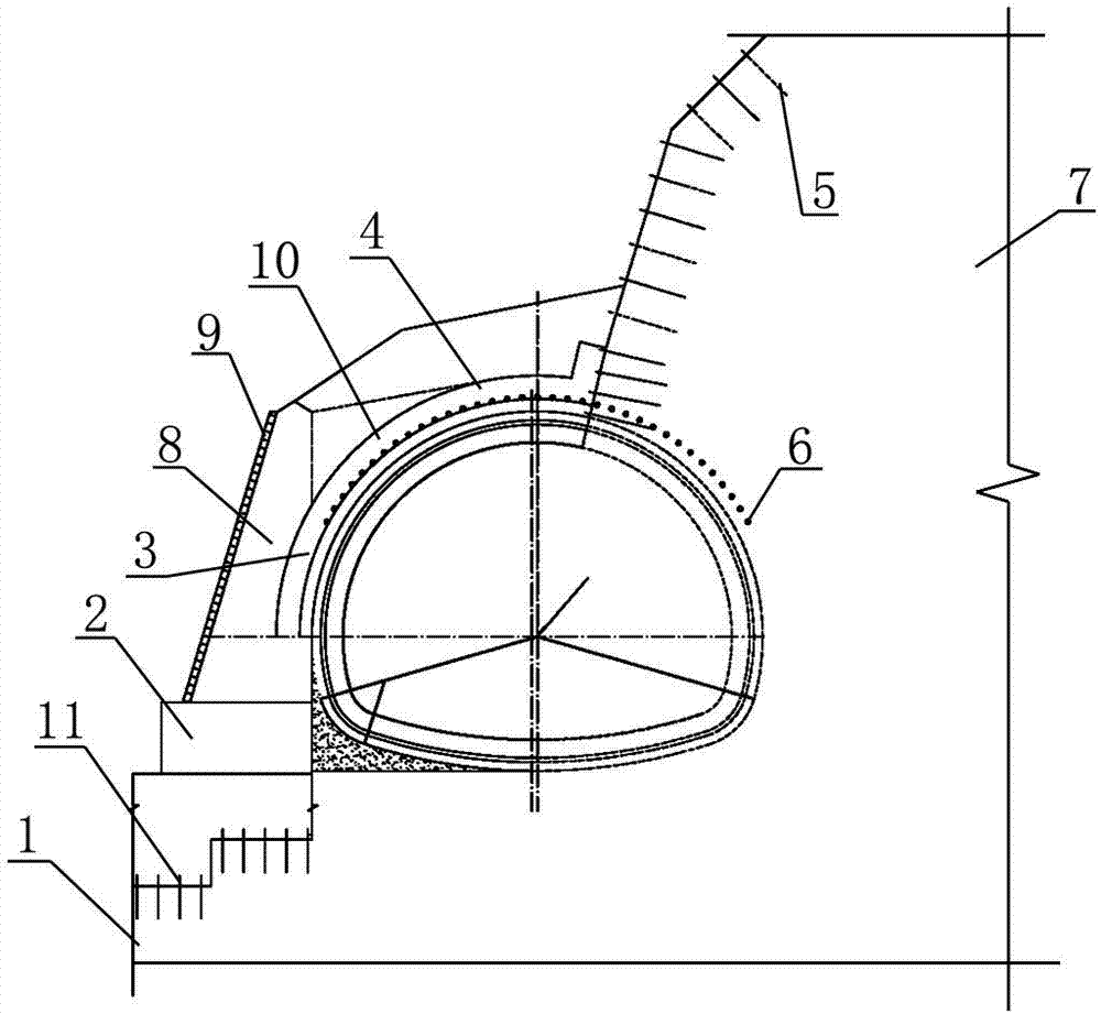 Holed excavation supporting structure for light and dark junction section of tunnel in bias pressure state and construction method