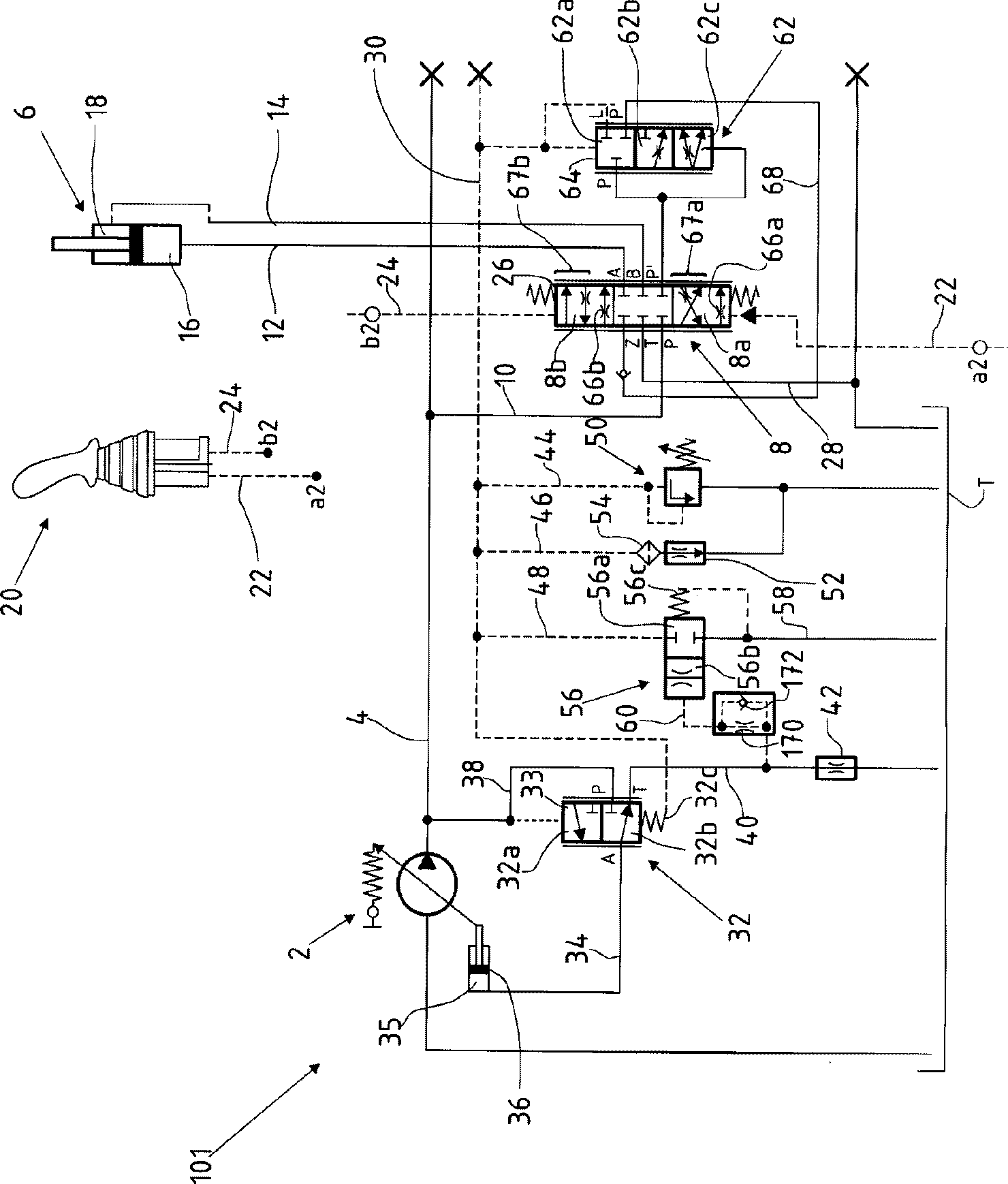 Hydraulic control system with load pressure reduction device and hydraulic valve set therefor