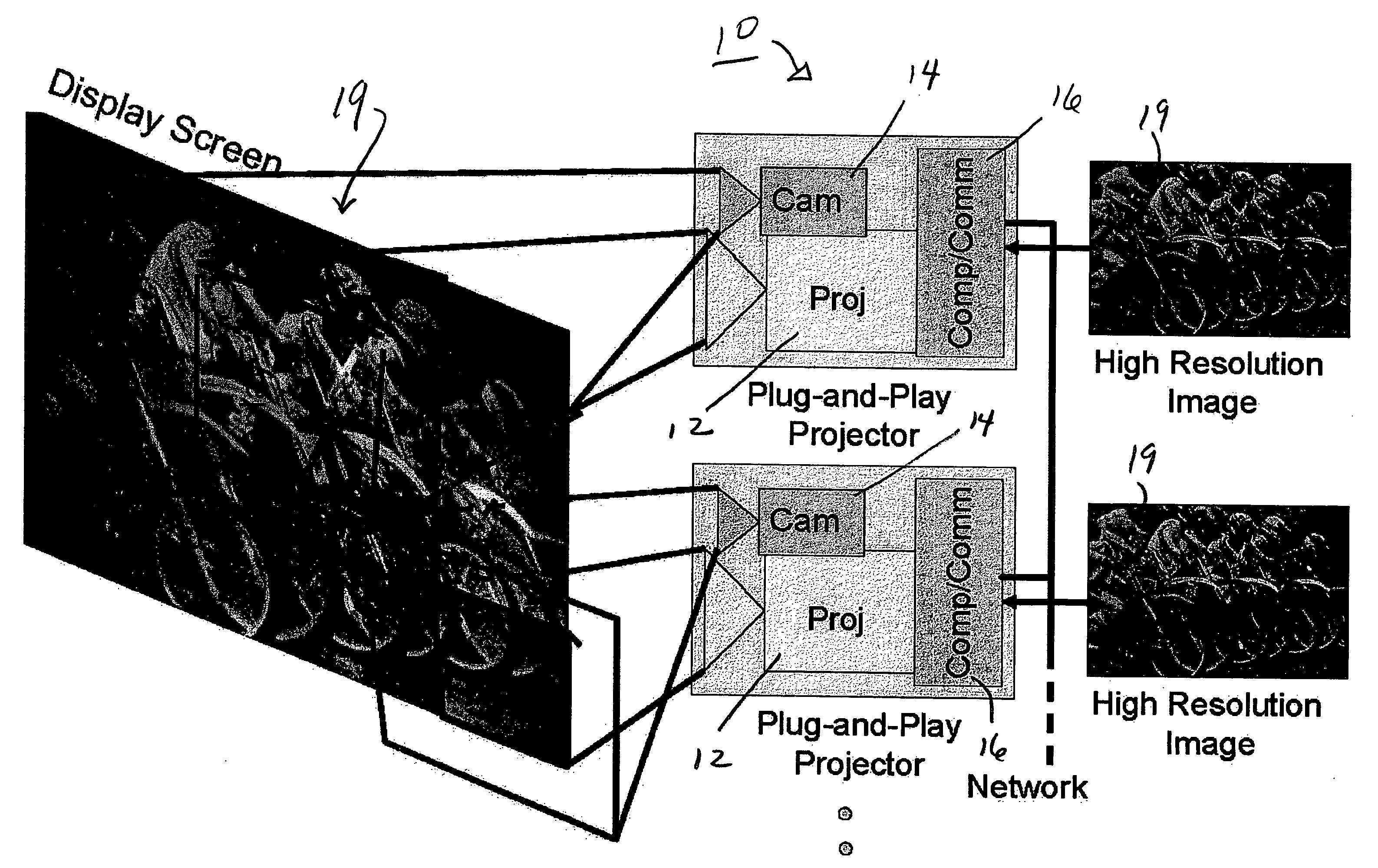 Apparatus and method for self-calibrating multi-projector displays via plug and play projectors