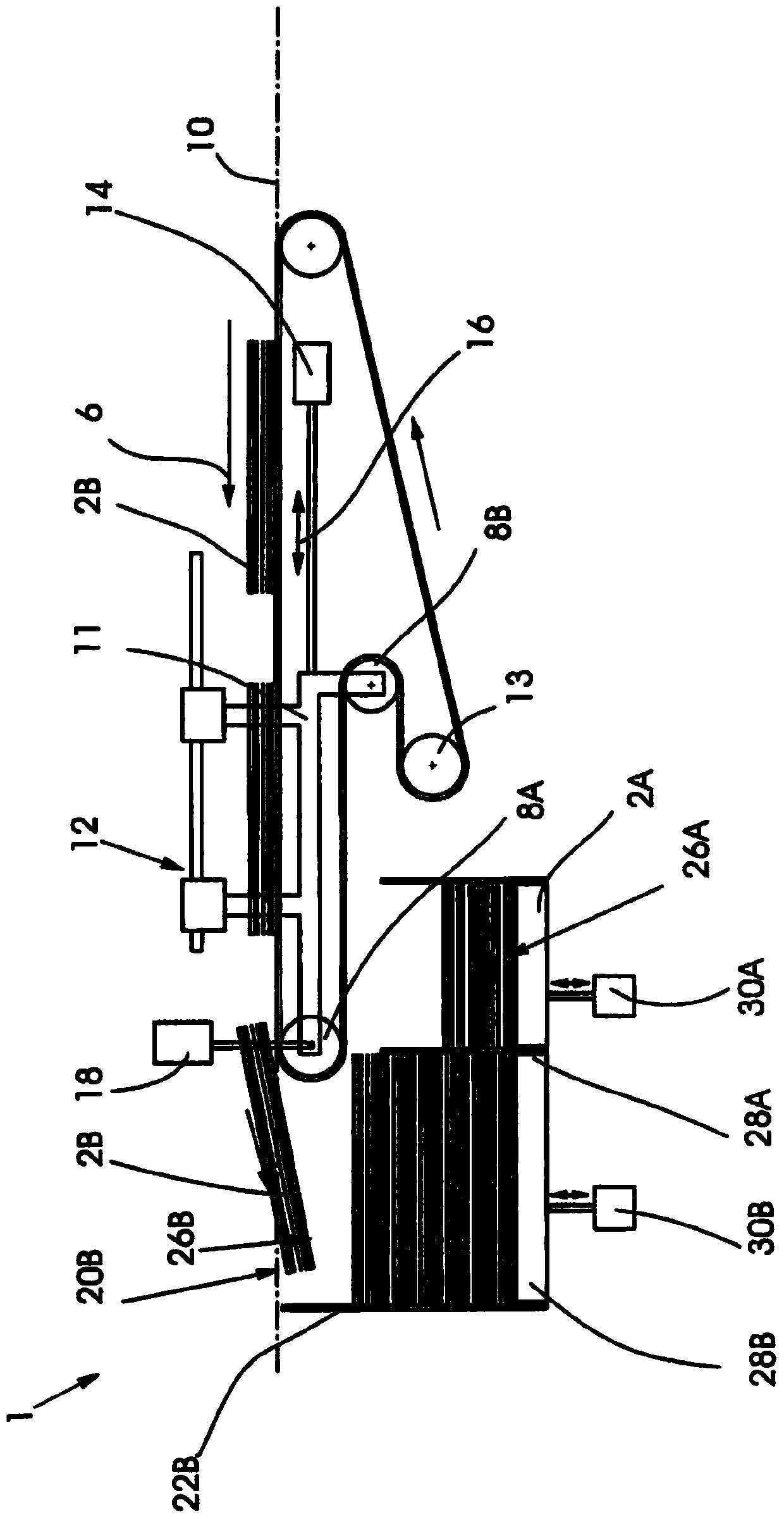 Device for laying out printed products fed in a single product flow into two separate stacks