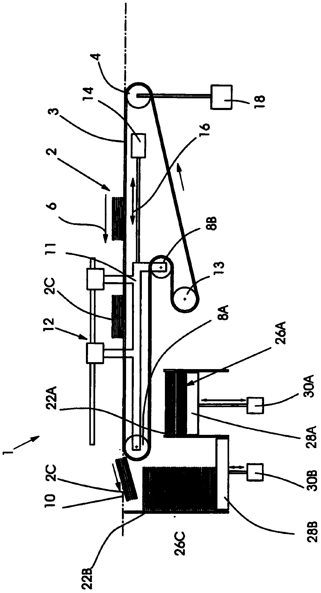 Device for laying out printed products fed in a single product flow into two separate stacks