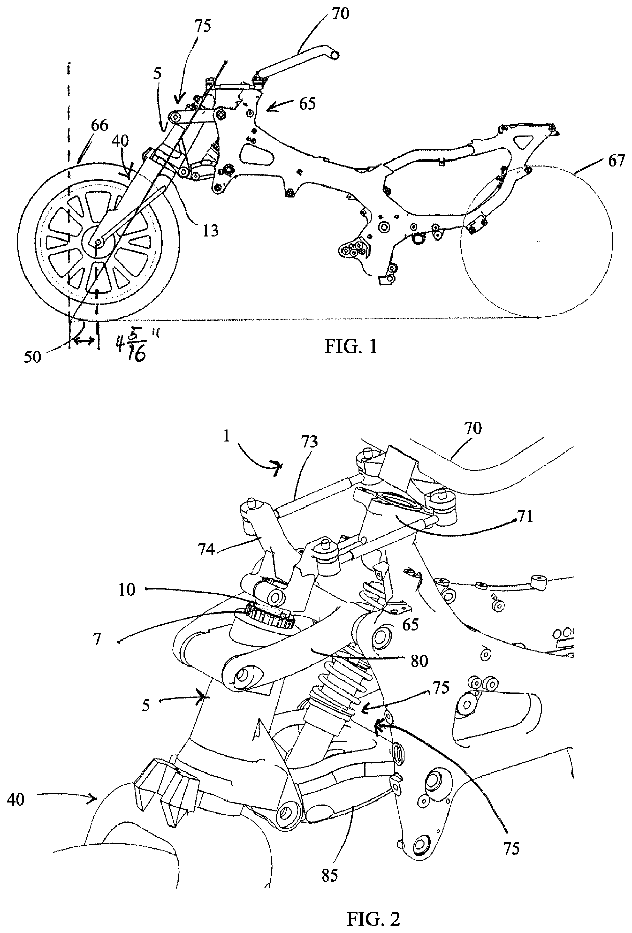 Rake device for a three wheel motorcycle