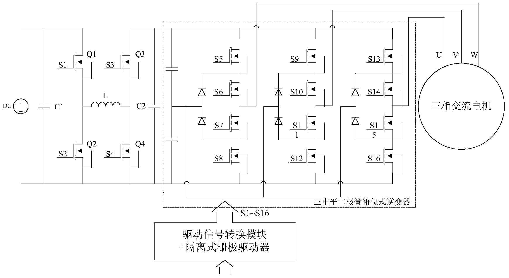 Three-phase AC motor power driving controller based on pre-converter cascade three-level inverter