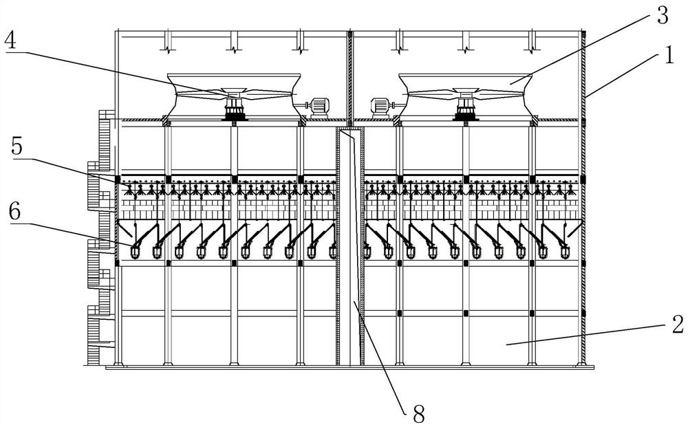 In-tower one-well multi-tower water distribution type high-position water collection mechanical draft cooling tower